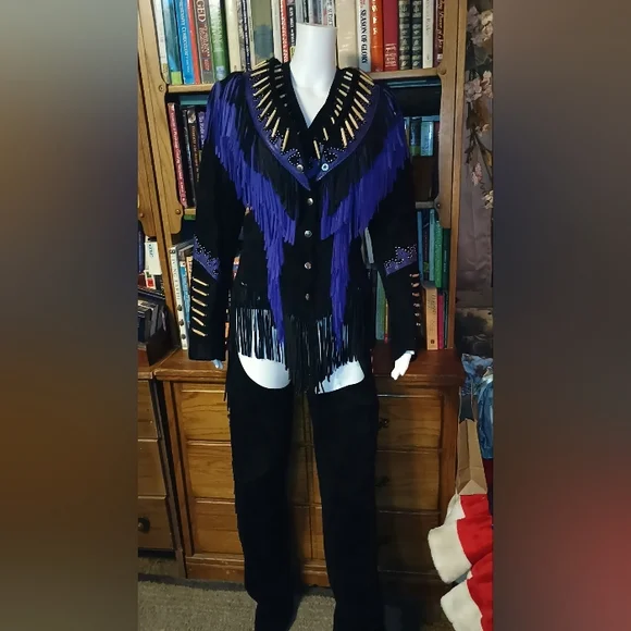 Freedom Riding Company Black And Blue Pure Leather Vest, Jacket And Chaps. - Picture 13 of 16